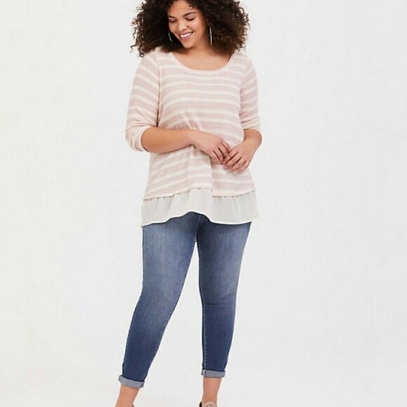 Torrid Blush Pink and Ivory Stripe Lace Sweater 0X - Picture 2 of 11